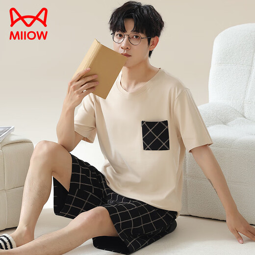 
Cat Man (MiiOW) Summer Men's Pajamas Imitation Cotton Pull-up Short Sleeve Shorts Casual Large Size Teenagers Can Wear Thin Home Clothing Men A3523 L