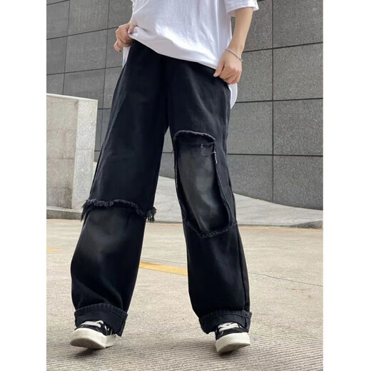 秋千坠牛仔裤女春秋新款时尚百搭高街美式欧美嘻哈宽松直筒学生破洞 1047 均码 s