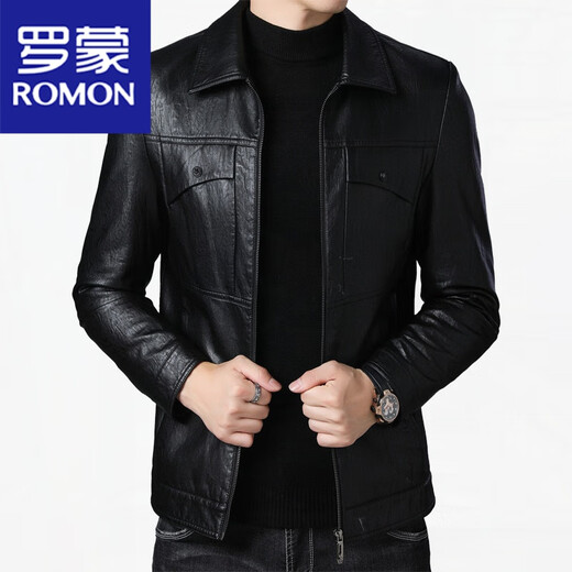 罗蒙（ROMON）中青年皮衣男秋冬新款皮夹克男士加绒休闲翻领夹克外套 咸菜绿 180/XL建议136-156斤