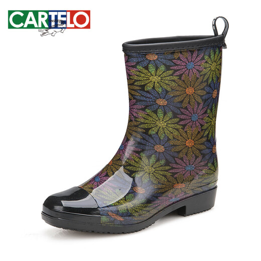 卡帝乐鳄鱼（CARTELO）新款秋冬时尚女式中筒雨靴水靴水鞋胶鞋韩版雨鞋女保暖套鞋大码 花色158+棉套 36