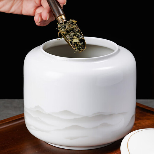 Qingxing Tea Can Sealed Can Storage Can Scented Tea Pu'er High-end Large Large Capacity Ceramic Household Moisture-Proof Gift Ceramic Tea Can-Ink Landscape 1000ml