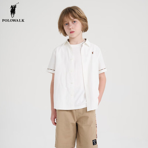 POLOWALK children's clothing 2024 new summer shirt boys' short-sleeved top shirt comfortable and fashionable white 110 cm