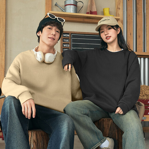 Jeanswest sweatshirt men's spring and autumn trendy brand loose large size men's hooded heavy top men's round neck long-sleeved jacket trendy gray bean green (Mao Xiaoman) L (175) (Priority for collection and purchase)