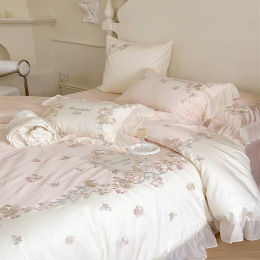 Mercury series light luxury French cotton four-season new 200-count cotton bed four-piece set princess style embroidered flower bedding quilt cover Miu-cotton-romanticism-pink Category A maternal and infant grade bed sheet 1.8 meters suitable for quilt core 200*230