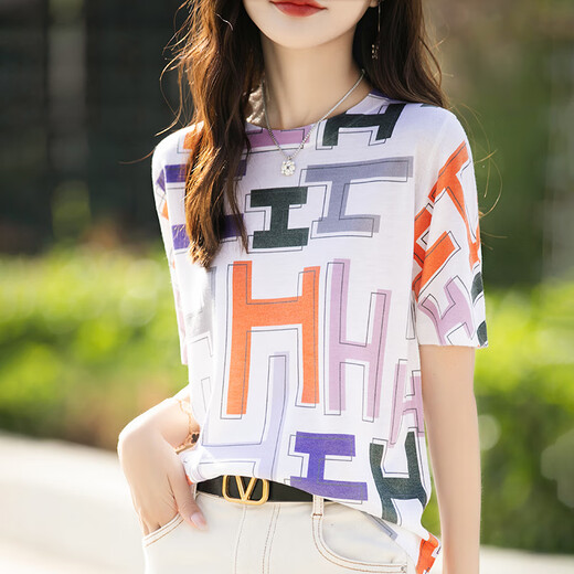 HMRSV桑蚕丝短袖T恤女2025夏季新款休闲时尚设计感凉感马家印花上衣潮 H字母印花854 L
