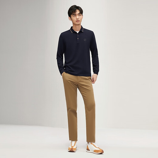 Qipai men's polo shirt long-sleeved spring and summer waffle texture casual polo shirt 0150 Navy XL (180)