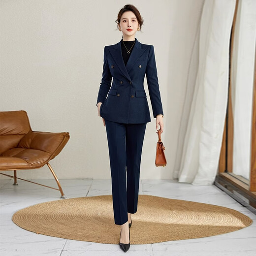 ROMON high-end professional suit suit for women, thick temperament, autumn and winter work clothes, hotel manager gray casual suit, navy blue suit + trousers M