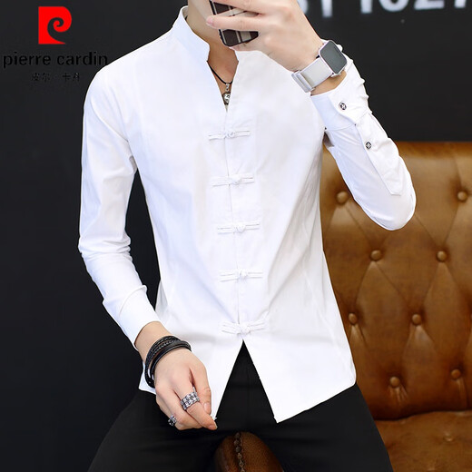 皮尔卡丹（pierre cardin）男士衬衫长袖春秋唐装盘扣中式立领外套中国风休闲衬衣高级感男装 白色9903拉链立领衬衫 M 【80-105斤】