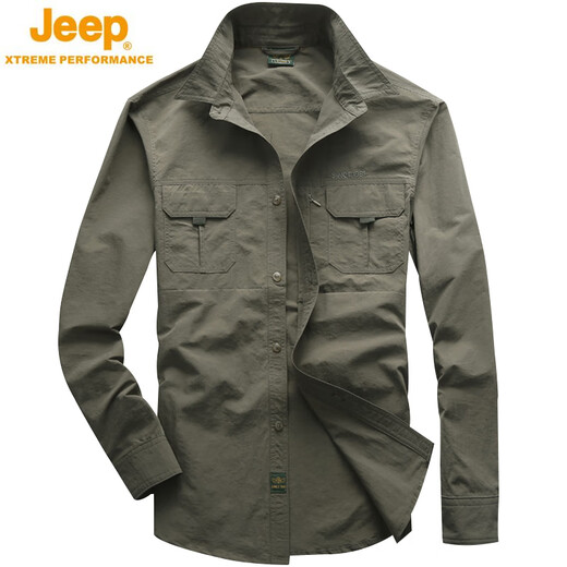 JEEP SPIRIT户外男装长袖衬衫春秋休闲时尚速干宽松大码男工装衬衣潮秋装上衣 1276黑色 M 体重125斤以下