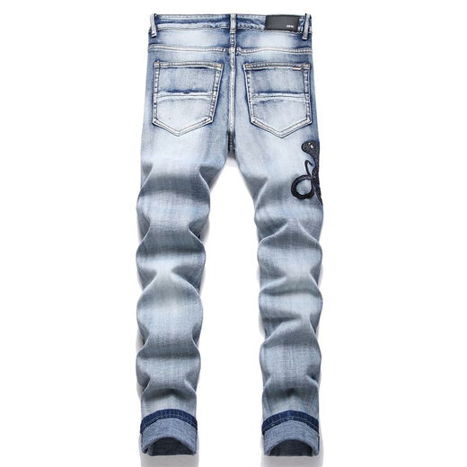 Moring Bull New High Street AM Trendy Jeans Herren zerrissener Cobra Sticker Leder Patch Elastizität Slim Black Black 3523 29