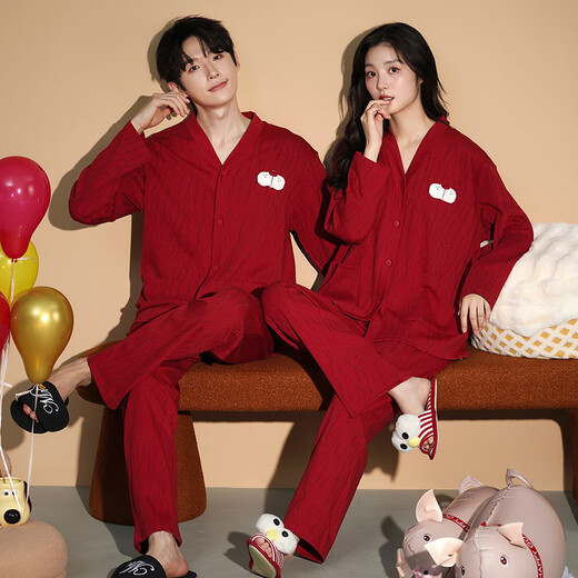 LangSha newlywed couple pajamas for women spring and autumn pure cotton with chest pad wedding home clothes for men red cotton long-sleeved suit 8048 L female + XL male