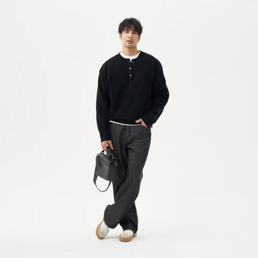 LEZORA Superfine Merino Wool Cashmere Autumn and Winter Loose Henley Neck Sweater for Men Black S