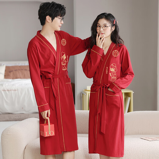 浪莎（LangSha）红色结婚情侣睡袍一男一女纯棉喜庆新婚睡衣浴袍家居服高档礼盒装 9928【礼盒装】 女L+男XL