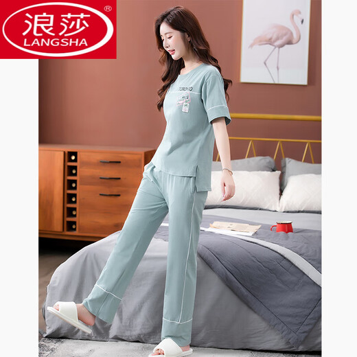 
LangSha pajamas for women for summer pure cotton 2025 new short-sleeved trousers home clothing set for thin cotton suits 7374 bean paste powder XL 120-140Jin [Jin equals 0.5 kg]
