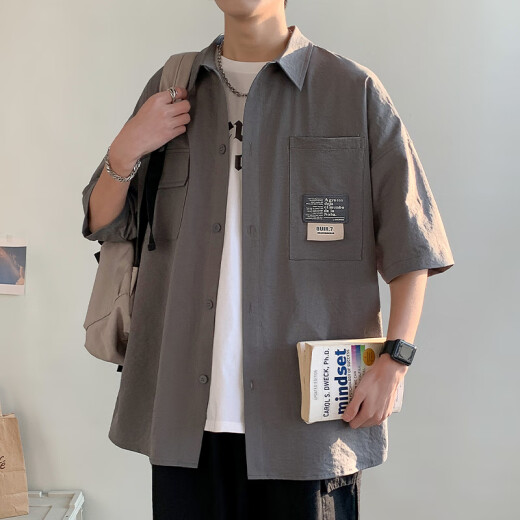 
Baiqueting short-sleeved shirt men's summer new ice silk shirt jacket men's trendy brand loose casual work jacket top 854 pink XL
