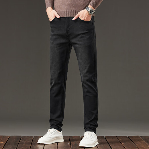 Jeep Spirit Jeans Herren Frühling und Herbst neue koreanische Stil Trendy Brand Elastic Slim Fit Vielseitige kleine Füße plus Samt verdickte lange Hosen Männer 1048 Black Grey plus Samt 28