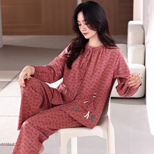 莫代尔睡衣女士春秋季秋款纯棉长袖妈妈秋天全棉中年大码开衫家居服套装 C1517鲸灰 3XL码(建议160-180斤)