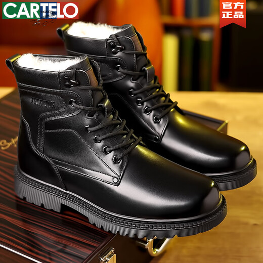 卡帝乐鳄鱼（CARTELO）马丁靴男士真皮羊毛保暖棉靴高帮头层牛皮工装户外加厚雪地靴冬季 3519 黑色【皮毛一体 平底款】 38