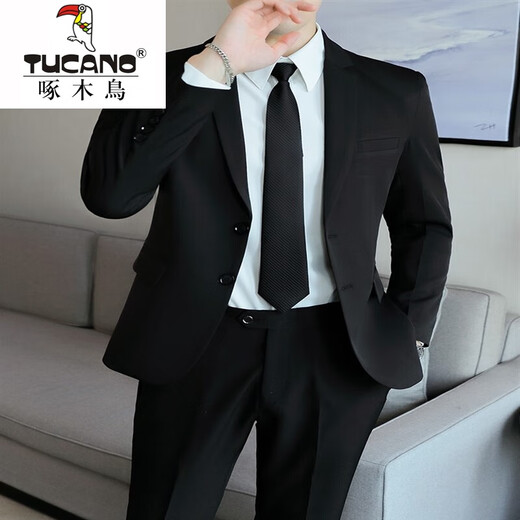 Woodpecker Casual Suit Suit Men's Korean Style Business Suit Three-piece Slim Wedding Groomsmen's and Groom's No-Iron Suit Jacket Two-button Navy Suit + Vest + Pants + Belt + Tie 5XL