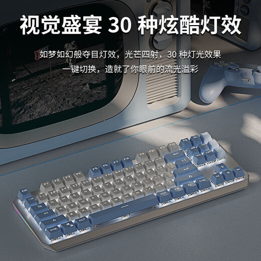 前行者TK870有线机械键盘游戏办公键盘拼色RGB侧光灯有线87键客制化热插拔游戏电竞台式电脑笔记本办 白蓝-白光【全键热插拔】有线