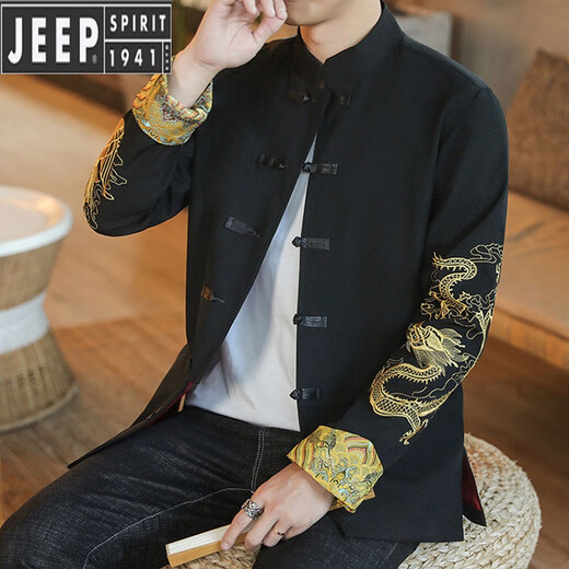 
JEEP SPIRIT Chinese style dragon robe Tang suit men's jacket spring and autumn new retro buckle dragon pattern embroidered Hanfu cotton and linen jacket Black 3XL (170-185Jin [Jin equals 0.5 kg])