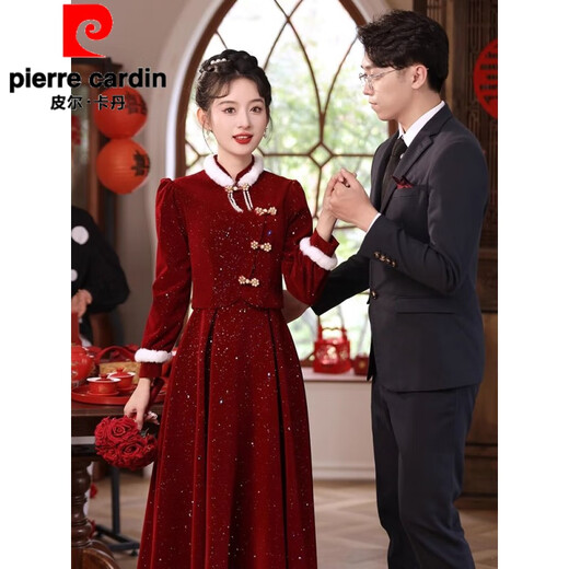Pierre Cardin Official New Chinese Style Toast Wear 2025 New Bride Autumn and Winter Wedding Red Engagement Dress Skirt Women Winter Plus Velvet Burgundy Flagship Model-Flagship Model M Flagship Model-Flagship Model