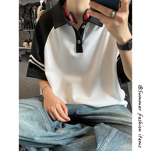 
Hong Kong Lianya short-sleeved men's summer Japanese contrasting T-shirt s trendy brand high street loose rag-sleeved color lapel polo shirt h-t3527 gray black sleeve M (recommended 90-115 Jin [Jin equals 0.5 kg])
