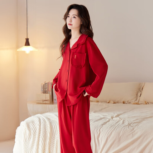 Han Cai Pajamas Women's High-End Pure Cotton Year of the Horse Zodiac Year Women's Wedding New Year Red Couple Pajamas Set Rose Red XXL