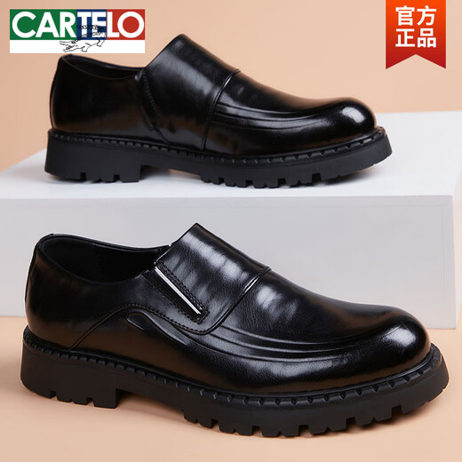 CARTELO casual leather shoes for men, slip-ons, soft leather business men's shoes, autumn fashionable genuine leather thick-soled inner height-increasing derby shoes, black, non-increasing 40