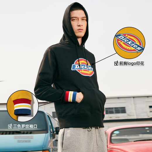 
Dickies sweatshirt men and women couples Dikushi 2024 new hooded autumn and winter couples cotton plus velvet top student trendy brand Asphalt black-12596 [2023 new product/color radium S