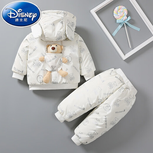 Disney baby winter new children's two-piece down jacket girls winter clothing cartoon baby plus velvet thick warm jacket D glossy cotton suit doll bear white 90