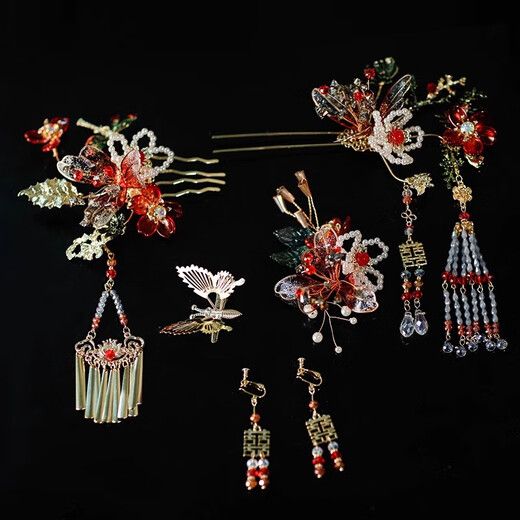 Ancient bridal headdress Chinese Xiuhe dress headdress phoenix crown ancient costume Hanfu hair accessories wedding dress accessories wedding bridal headdress five-piece set