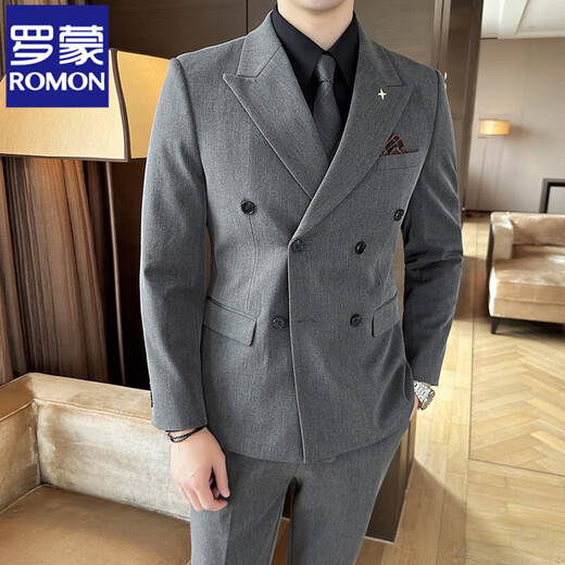ROMON high-end double-breasted suit men's Korean version slim-fit groom's wedding dress sense business casual suit jacket black suit XL