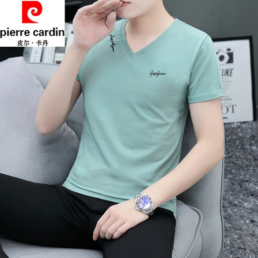 皮尔卡丹（pierre cardin）清新绿色纯棉冰丝短袖t恤男装夏季V领修身轻奢简约透气环保打底衫 白色693款凸印 M 不起球不掉色