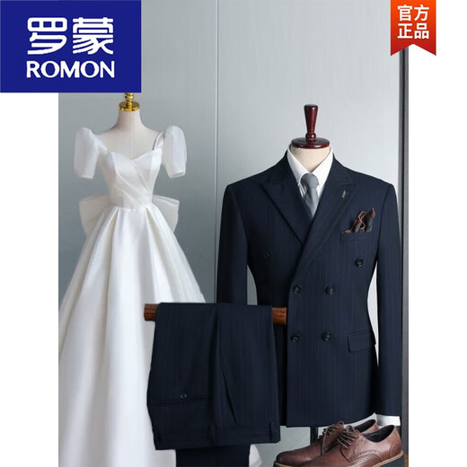 ROMON three-piece striped men's suit wedding suit double-breasted wedding slim trendy groom's dress double-breasted black top + pants 2XL 54135-145Jin Jin equals 0.5 kg