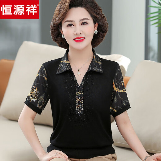 恒源祥妈妈夏装上衣洋气外穿中年印花衬衫女早秋长袖中老年春秋打底 16813 黑色 短.袖 M(建议80-100斤)