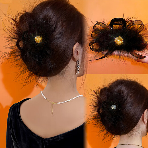 Zhuo Keke high-end feather ribbon gripper 2025 new high-end autumn and winter hair hair clips for the back of the head, fluffy hair clips, silver beads 8CM feather grippers