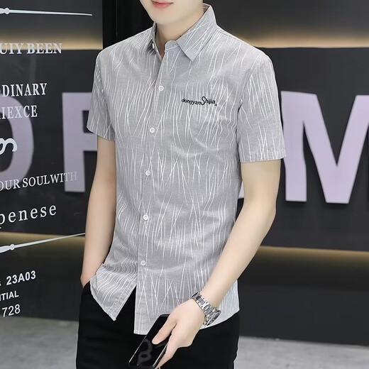 唐号夏季衬衫男短袖印花休闲帅气韩版修身潮流百搭男装衬衣半袖衬衫男 826蓝色 3XL