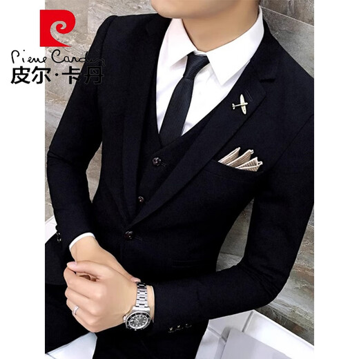 Pierre Cardin suit men's three-piece casual black suit, slim fit, Korean style formal groom, handsome wedding dress, trendy black suit + vest + trousers L 110-120Jin Jin equals 0.5 kg