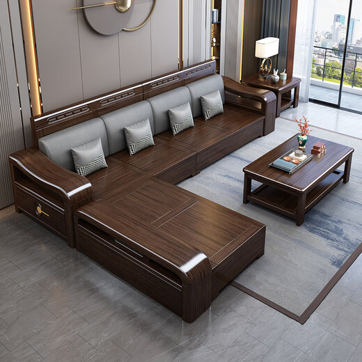 Mo Chen Sofa Purple Gold Sandalwood Solid Wood Sofa New Chinese Style Living Room Size Winter and Summer Corner Storage Furniture Four Seats + Imperial Concubine + Long Coffee Table