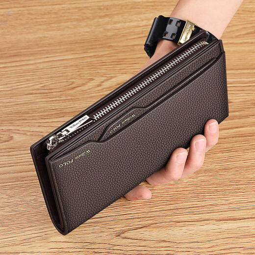 Pierre cardin Paul 2023 new men's long wallet men's genuine leather large capacity card bag multiple card wallet youth clutch lychee pattern-coffee color
