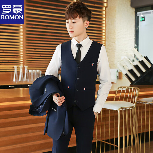 ROMON Men's Casual Small Suit Korean Style Slim Groom Wedding Dress Trendy Handsome Small Suit Jacket Black Suit + Trousers Two-piece Set XL 120-138Jin Jin is equal to 0.5kg Wear