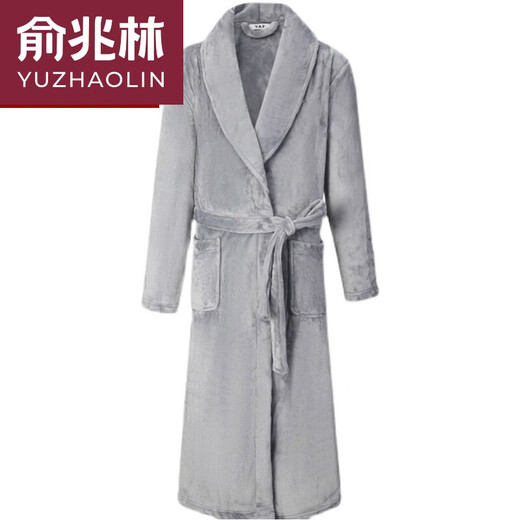 Yu Zhaolin Coral Fleece Pajamas Men's Winter Plush Velvet Warm Couple Pajamas Flannel Bathrobe Women's Medium Long Medium Thick Bathrobe Pure Gray Men's 180 (XXL)