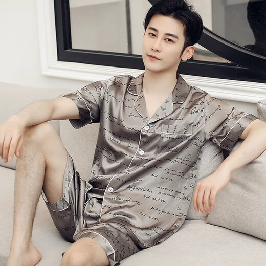 冰丝睡衣短袖薄款加肥加大码200斤男士夏天冰丝青少年家居服套装 KZY-724#银字母 5XL码   200-220斤
