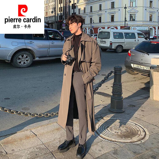 皮尔卡丹（pierre cardin）新款风衣男中长款韩版春秋季潮流宽松过膝大衣英伦风外套男2024 浅棕色【复合】 加厚 XL
