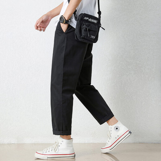 Jewish casual pants for men in summer new loose ice silk straight sport nine-point pants for men conical Korean style trendy trousers 9904 black 3XL
