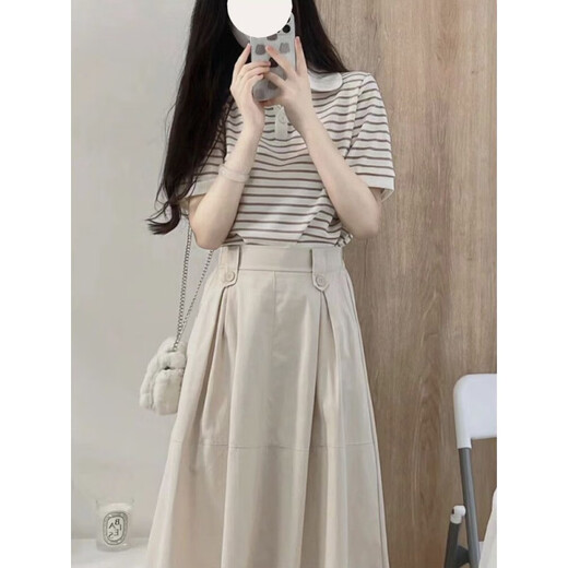Hanlujiao (hanlujiao) dress for women's summer 2025 new Korean style fashionable temperament slim and age-reducing small person suit skirt summer striped top + apricot skirt M [Suggest 98-108Jin [Jin equals 0.5 kg]]
