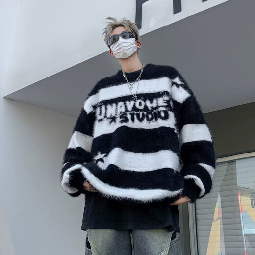 7家优品毛衣男士秋冬季新款cleanfit撞色宽松慵懒风字母提花情侣针织衫 GCFS-MY9214黑色 XL