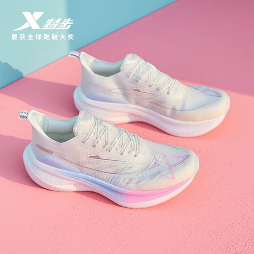 Xtep 2000 km second-generation running shoes for women, lightweight, wear-resistant, shock-absorbing, professional physical test, comprehensive training, marathon sports shoes for women, sail white/fluorescent cherry pink (Luo Ying Rainbow-women's model) 40