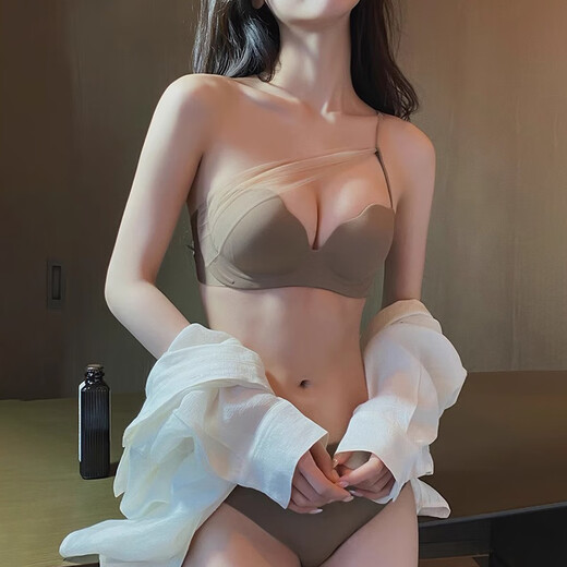 Jieli Mock strapless bra women's halter neck sexy pure lust bra small breasts appear larger seamless soft support bra set coffee suit S (70/32AB)